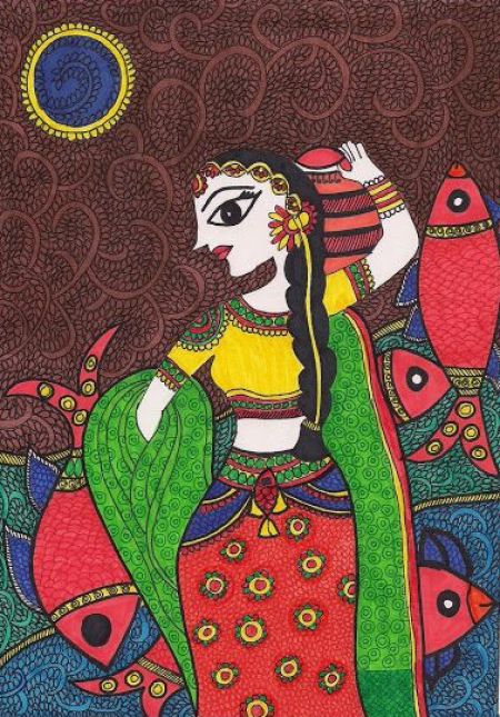 The Swimming Maiden Madhubani Art